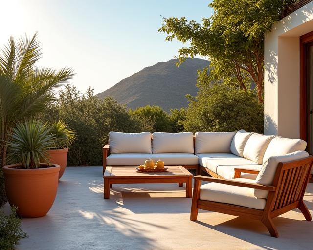 Terraza con muebles de madera y cojines blancos de la colección Mediterráneo.