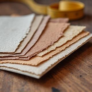 Muestras de madera y tela sobre una mesa de trabajo.