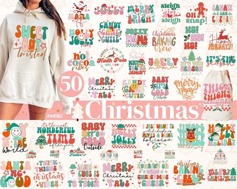 Boho Christmas SVG PNG Bundle  50 Festive Retro Designs