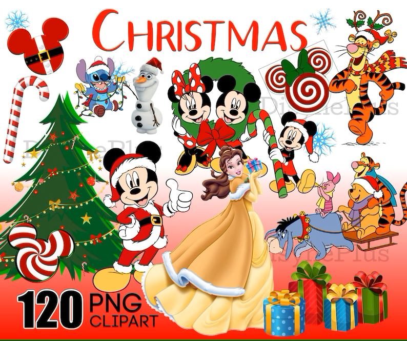 Festive Disney Clipart Collection for Kids  Christmas Mickey  Minnie  Winnie the Pooh  and Holiday Princess PNGs
