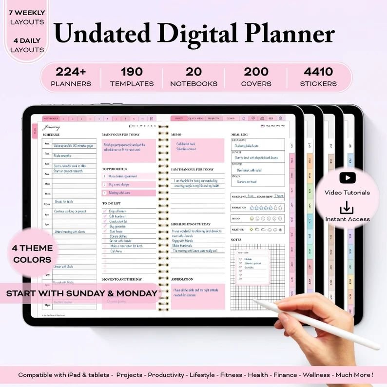 I will create undated digital planner  pink digital journal  goodnotes planner  ipad planner